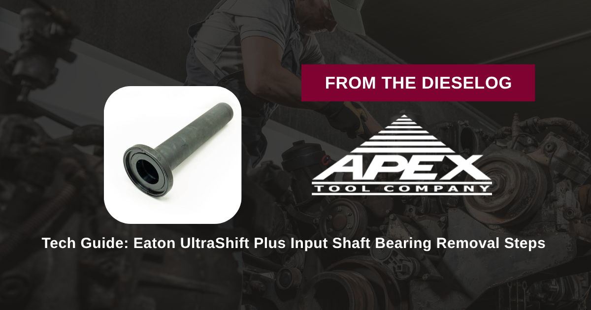 Step-by-step close up layout of input shaft bearing puller mounted on an Eaton UltraShift transmission shaft